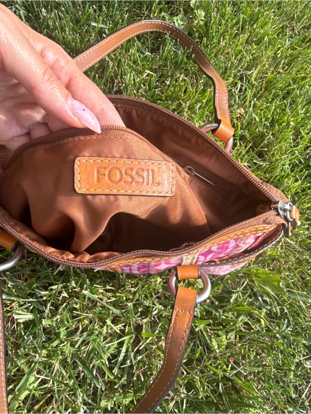 Vintage Y2K Fossil Signature Pink Patchwork Shoulder Bag Baguette Purse Leather - Picture 6 of 6